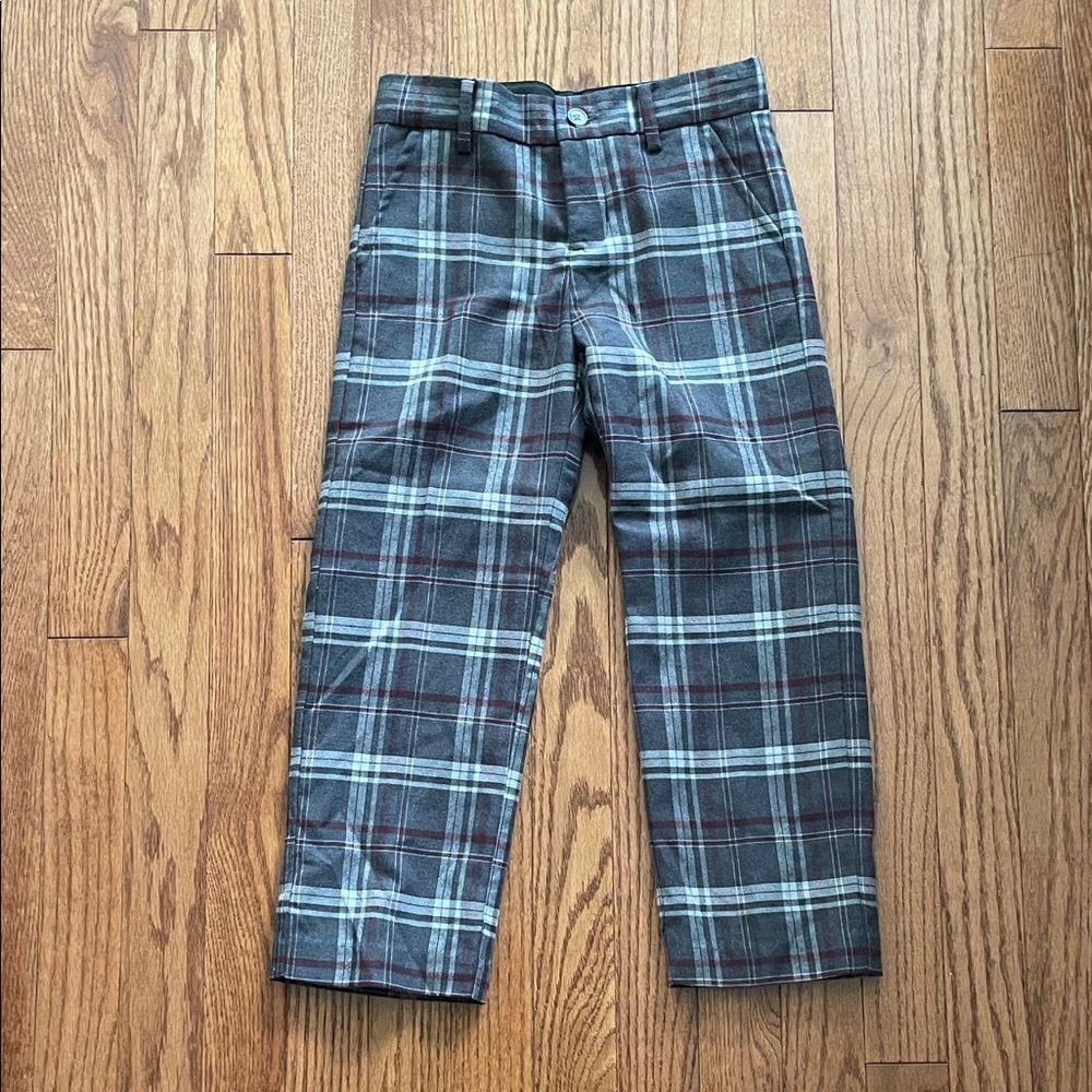 Janie and Jack Grey Burgundy Tartan Plaid Holiday Trousers Boy’s Sz 5